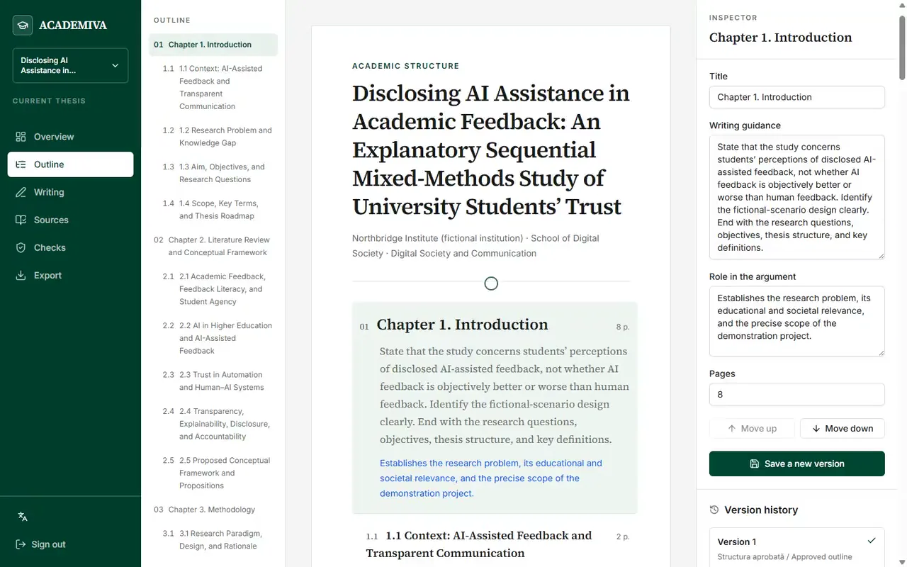ACADEMIVA outline for a fictional English-language thesis project