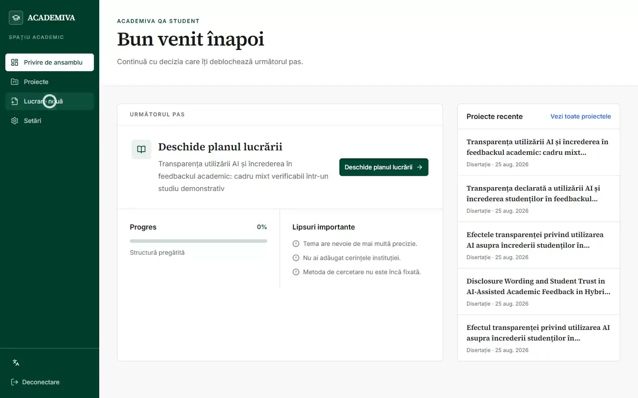 Tabloul de bord ACADEMIVA cu următorul pas și proiectele recente